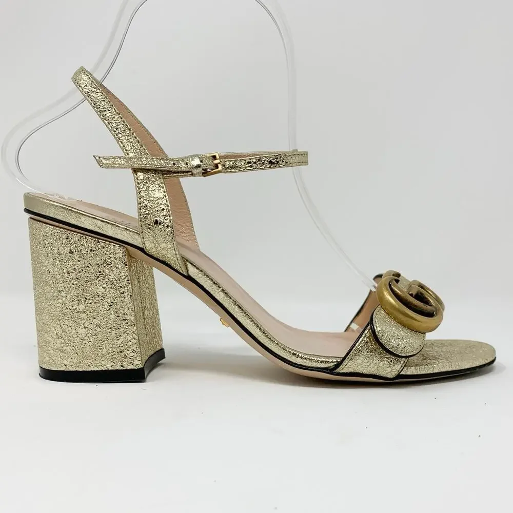 Gucci Marmont Metallic Gold GG Block Heel Sandals Size 37